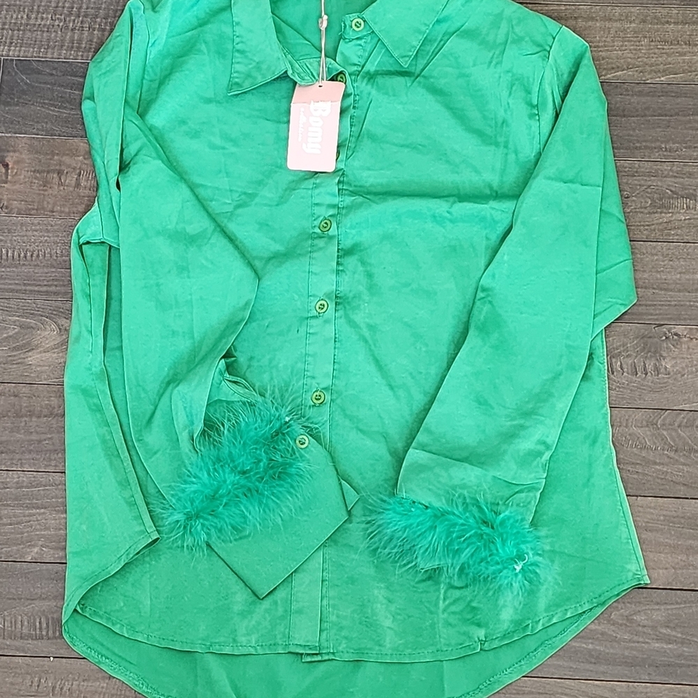 Satin Green Feather Cuff Button-Up Blouse